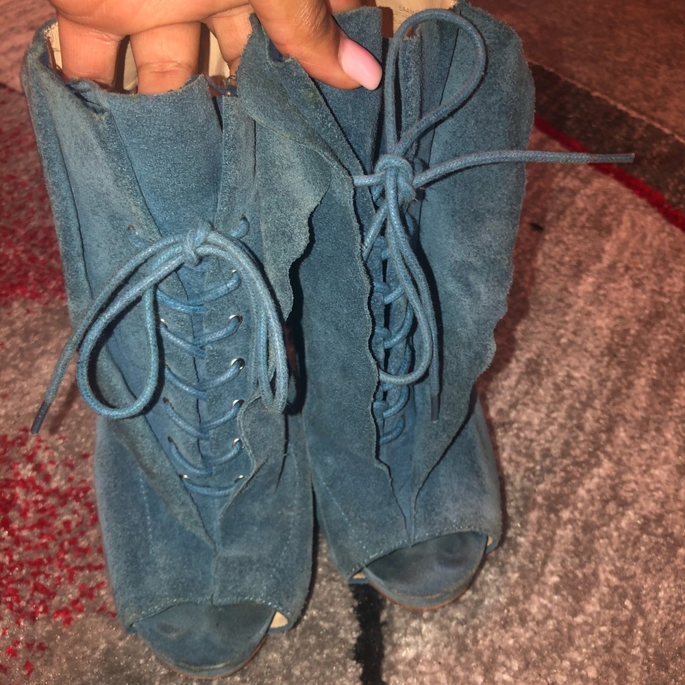 Blue suede peep toe sandals